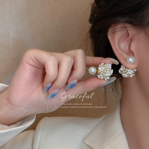 Elegant camellia cluster pearl stud earrings with double-sided floral design for women