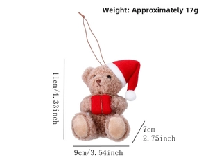 Detailed size chart of Christmas plush bear with red hat and gift box dimensions