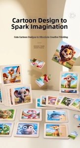 Detail of wooden animal puzzles featuring smooth edges and vibrant animal patterns