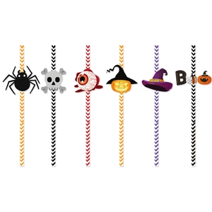 Detail of 6 Halloween paper straws with spider skull pumpkin and BOO party decorations