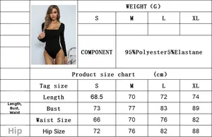 Detailed size chart for square neck bodysuit with dimensions for S to XL in centimeters