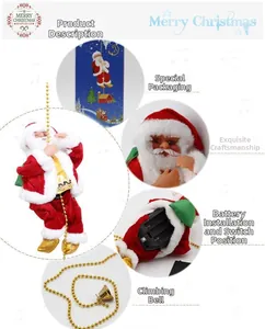 Detail view of electric climbing Santa Claus toy featuring gold beads and battery compartment
