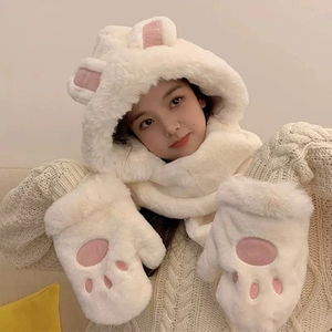 Multifunctional Hooded Scarf With Hat And Gloves Faux Rabbit Fur Plush Warm Winter Cute Animal Ears Women Girls