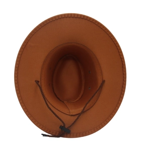 Brown western felt cowboy hat with adjustable chin strap and breathable metal eyelets