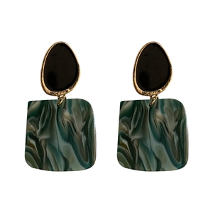 Vintage green acrylic geometric square earrings with black teardrop resin top studs