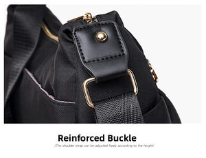 Detailed macro view of reinforced gold-tone metal hardware on a black nylon crossbody bag