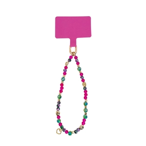 Bunte Handy-Perlenkette mit rosa und petrolfarbenen Perlen und goldenem Herzanhänger