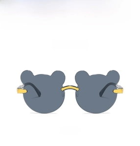 Detailed front view of grey bear-ear sunglasses with golden bridge for kids