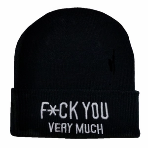 Black knit beanie hat with white embroidered Fuck You Very Much slogan for street style