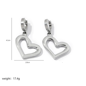 Detailed view of silver heart drop earrings with dimensions 4.3cm and 17.4g weight