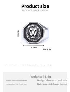 Macro view of silver lion head ring showing 18mm size specs and high-density steel