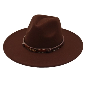Detailed view of the dark brown wide brim wool felt fedora with ethnic woven band