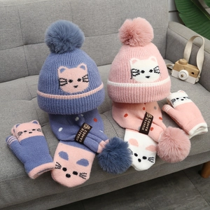 Kids winter set with knit pom-pom hat scarf and mittens featuring cartoon cat patterns