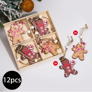 12-piece wooden gingerbread man Christmas tree ornaments set with white beads and twine