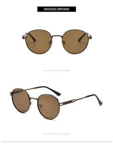 Detailed views of bronze metal round sunglasses with hollowed temples and brown lenses