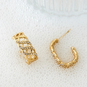 Luxury gold stainless steel grid stud earrings with sparkling crystals for women