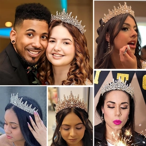 Collage of diverse models wearing luxury bridal tiaras with rhinestones in gold and silver