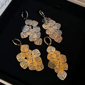 Rhombus hollow geometric tassel earrings in gold and silver finish with mesh texture