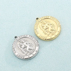 Gold and silver Saint Christopher titanium steel pendants on a blue textured background