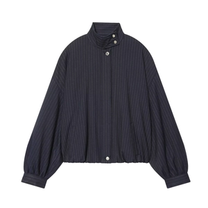 Navy blue pinstripe bomber jacket with stand collar and metallic button closure