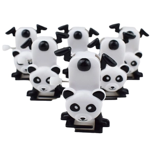 Detail of six wind-up walking panda toys showing mechanical knobs and 3D design