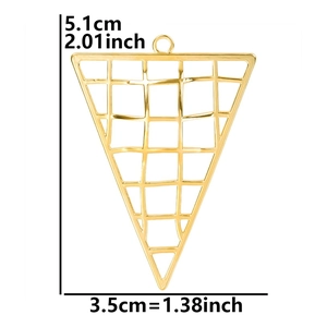 Detail of 18k gold plated triangle mesh pendant with dimensions 5.1cm by 3.5cm