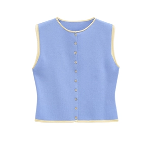 Gilet en tricot sans manches bleu clair pour femme avec bordure jaune et boutons