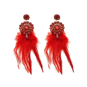 Boucles d'oreilles fleurs strass rouges avec glands en plumes style ethnique rétro