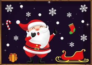 Close-up of Christmas window stickers with Santa, sleigh, and gift box on starry sky