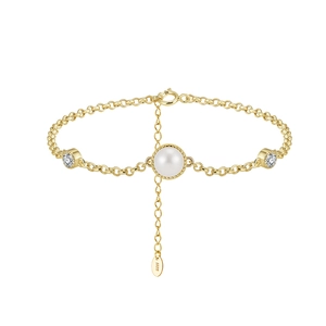Detailed macro shot of S925 sterling silver gold bracelet with pearl and zircons