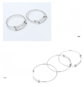 Detail of adjustable 304 stainless steel wire bangles with expandable coil sliding nodes