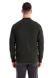 Close-up of the dark green knitted sweater back showing fine stitching and premium texture