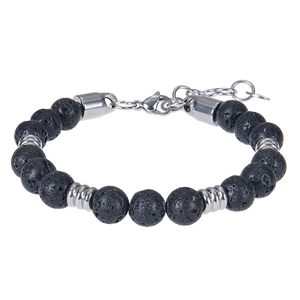 Detail of lava stone beads with stainless steel lobster clasp and silver spacers