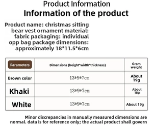 Detail specifications and dimensions table for Christmas bear ornaments with vests