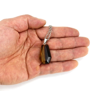Mini tiger eye coffin pendant necklace with gold-brown stripes on a silver chain