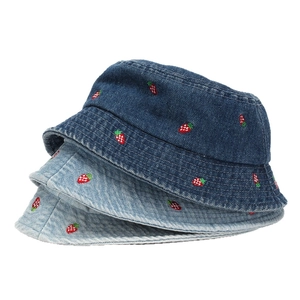 Kids denim bucket hat featuring strawberry embroidery in light and dark blue denim