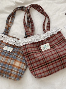 Vintage plaid woolen tote bags with white lace trim and Happy embroidery in two colors