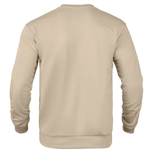 Close-up of ribbed cuffs and hem on beige corduroy patchwork crewneck sweatshirt