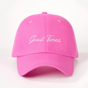 Adjustable hot pink baseball cap with white Good Times embroidery and curved brim style