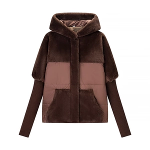 Women's 2025 winter brown hooded jacket featuring fashion patchwork faux fur and knit materials