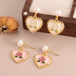 Vintage Rose Heart Drop Earrings With Artificial Pearl And 925 Sterling Silver Earring Post Elegant Enamel Jewelry For Women