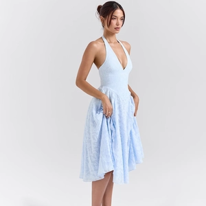 Elegant light blue halter neck A-line dress with jacquard texture and V-neckline