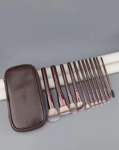 Detail of 12pcs professional makeup brush set with brown PU leather zipper pouch