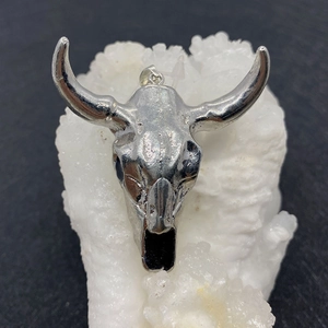 Macro shot of a silver bull skull pendant with metallic finish on a white crystal cluster