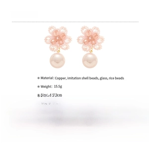 Detail showing pink bead flower earrings with pearl drops and product dimensions