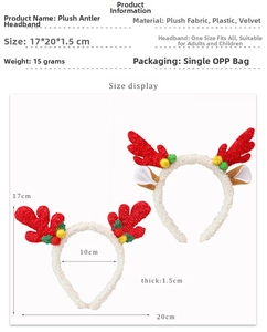 Detailed measurement view of plush reindeer antler headband with size dimensions in cm