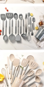 Detailed close-up of silicone kitchen utensil set with stainless steel handles on marble