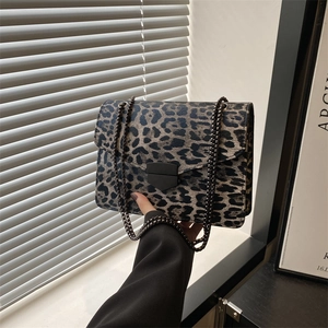 Women Vintage Leopard Print PU Leather Chain Shoulder Bag Fashion Crossbody Small Square Bag With Metal Lock