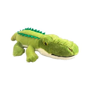Cute green plush crocodile toy with soft fur and dark green scales on white background