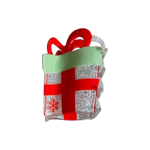 Christmas gift box hair claw with red bow and silver glitter snowflakes design